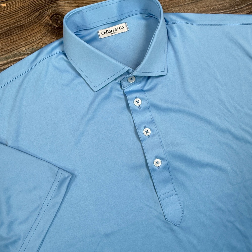 Collars & Co Mens Large Dress‎ Collar Polo Sky Blue Performance Solid Excellent